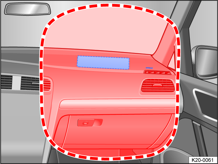 Fig. 31 Installation location and deployment zone of the front passenger’s front airbag.