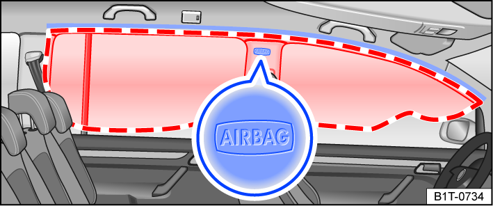 Fig. 34 On the left side of the vehicle (5-seater): installation location and deployment zone of the Side Curtain Protection® airbag.
