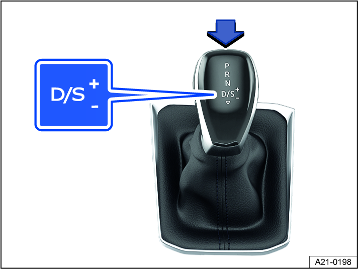 Fig. 101 Selector lever with lock button (arrow) on an automatic transmission.