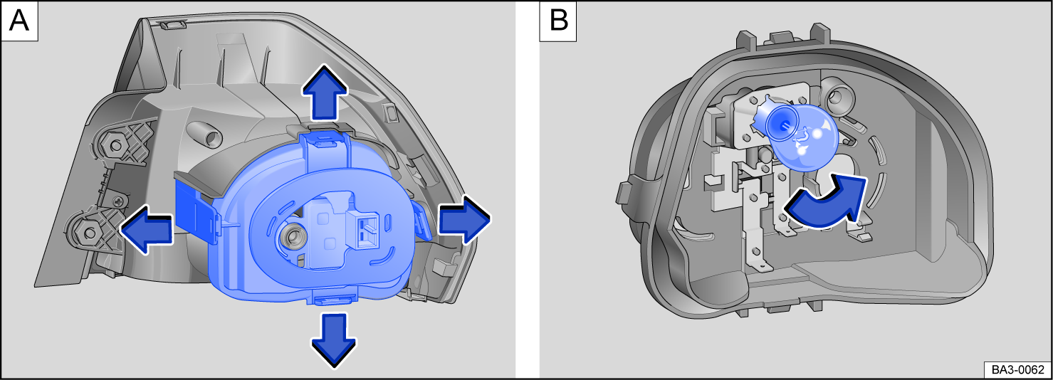 Fig. 137 A: Removing the bulb holder. B: Removing the bulbs.