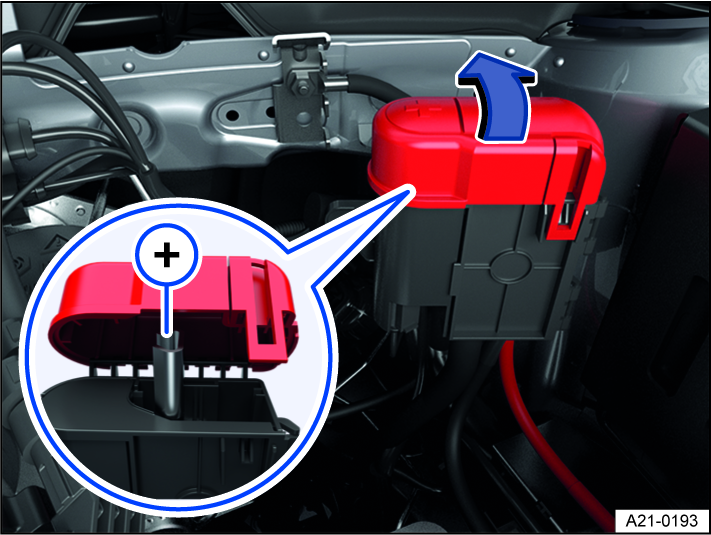 Fig. 190 Under a cover in the engine compartment: Jump-start point (positive battery terminal).