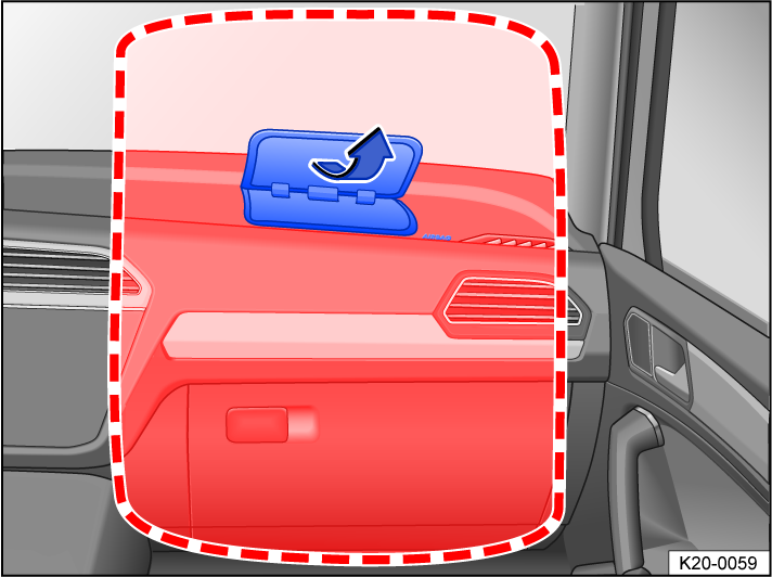 Fig. 31 Installation location and deployment zone of the front passenger’s front airbag.