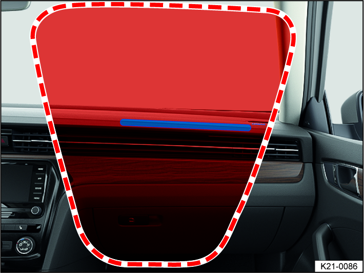 Fig. 28 Installation location and deployment zone of the front passenger’s front airbag.