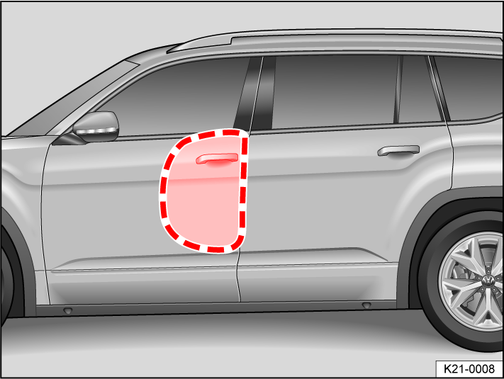 Fig. 30 Inside the vehicle on the left-hand side: Side airbag deployment zone (general example).