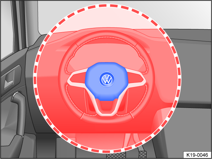 Fig. 28 Installation location and deployment zone of the driver’s front airbag.