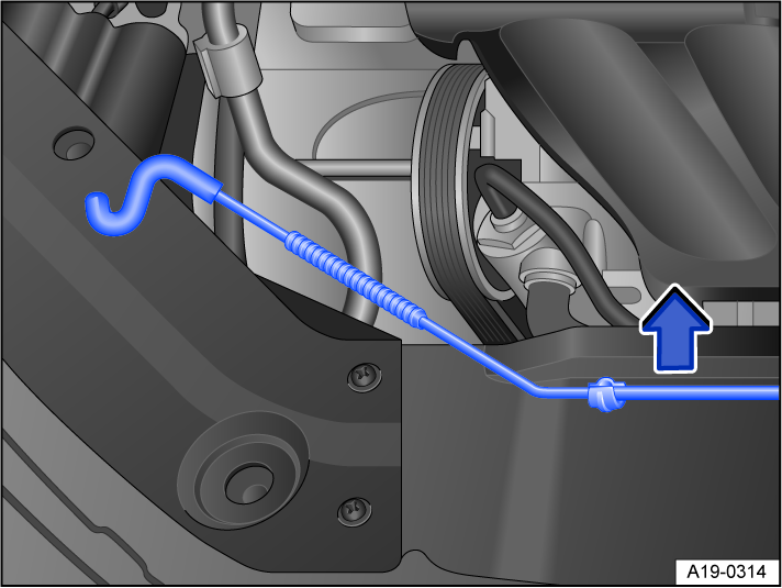 Fig. 158 In the engine compartment: Hood support in the bracket.