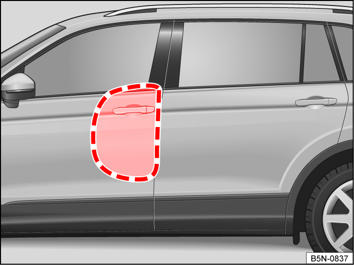 Fig. 32 In the vehicle interior on the left-hand side: Side airbag deployment zone.