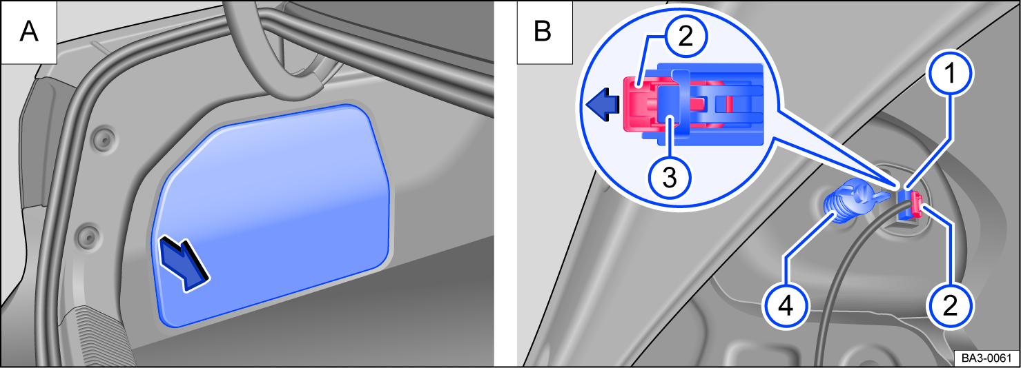 Fig. 136 In the side of the luggage compartment: A: opening the cover of the rear side trim panel. B: Removing the taillight.