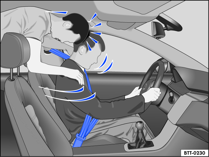Fig. 19 A passenger in the rear seat who is not wearing a safety belt will be propelled forward toward the driver who has their own safety belt fastened.